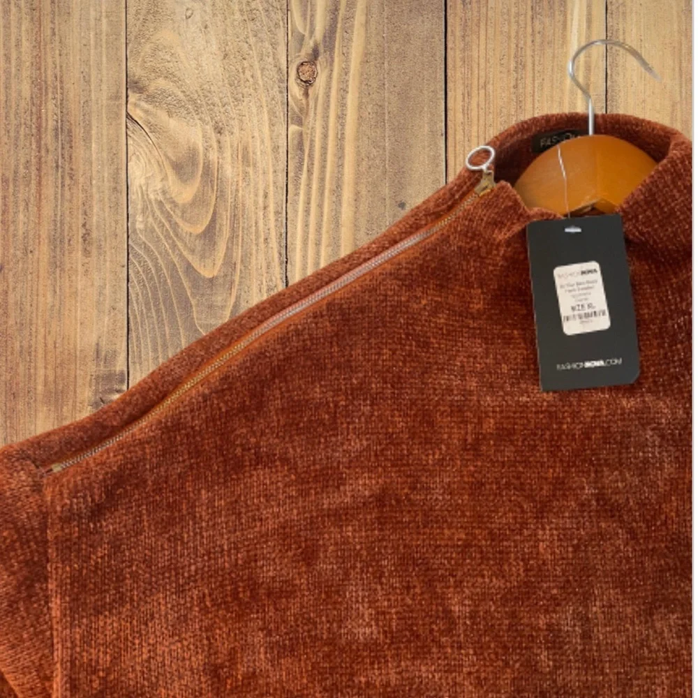 Fashion Nova Cropped Rust Color Shoulder Zip Chenille Sweater - Picture 6 of 7